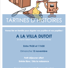 Animation de lecture partagée parents-enfants. Dès la naissance, entrée libre et sans inscription. A la Villa Dutoit le dimanche 13 novembre 2022. Venez et partez quand vous voulez entre 9h30 et 11h30.