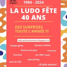 La ludo fête 40 ans, des surprises toutes l'année ! Affiche festive d'anniversaire.